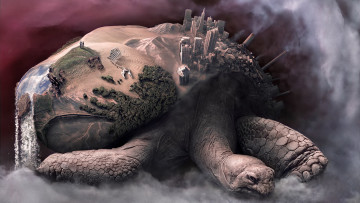 Картинка разное компьютерный дизайн водопад пустыня город дома черепаха