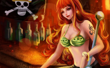 Картинка аниме one piece бар девушка nami rikamello череп флаг бутылки