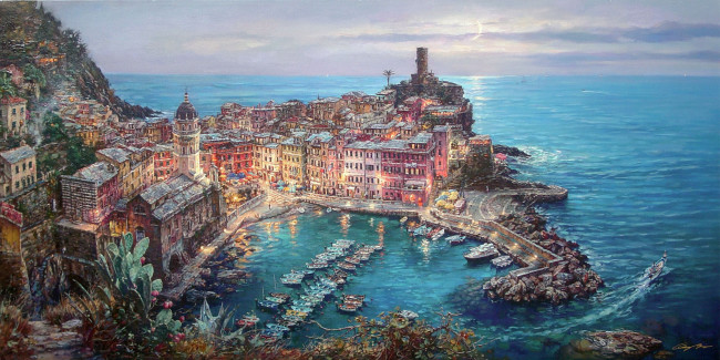 Обои картинки фото moonlight, in, vernazza, рисованные, cao, yong, италия, вернацца, море, город