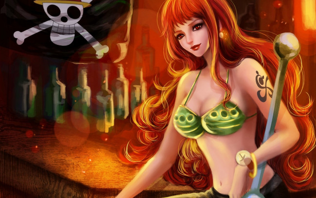 Обои картинки фото аниме, one, piece, бар, девушка, nami, rikamello, череп, флаг, бутылки