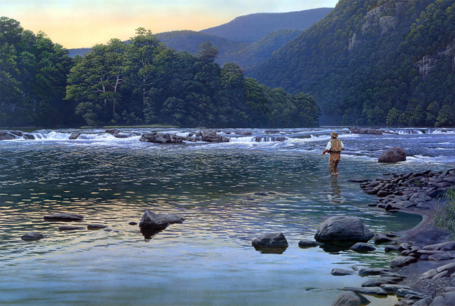 Обои картинки фото almost, heaven, рисованные, al, agnew, рыбак, горы, река