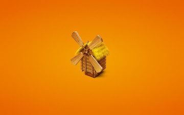 Картинка рисованные минимализм мельница тростник дерево mill оранжевый фон трава