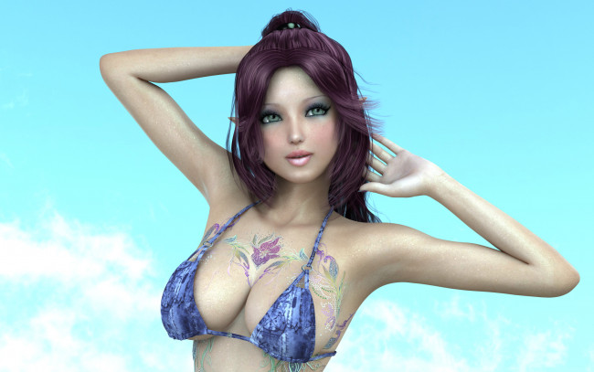 Обои картинки фото kami, by, metalhed13, 3д, графика, elves, эльфы, рендер, девушки, тату, поза