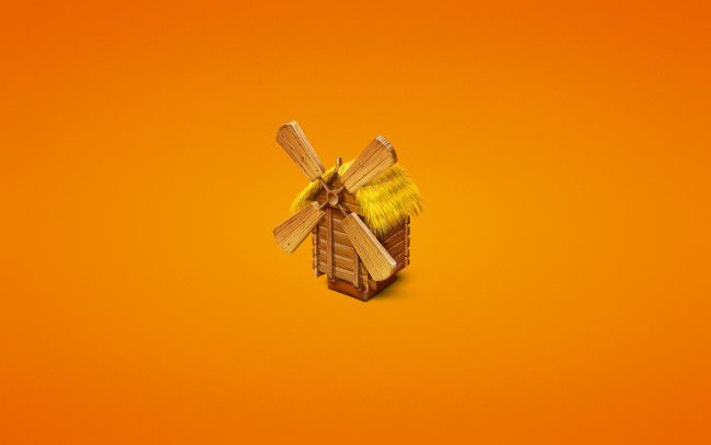 Обои картинки фото рисованные, минимализм, мельница, тростник, дерево, mill, оранжевый, фон, трава