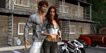 Картинка 3д+графика люди+ people автомобиль мотоцикл взгляд мужчина