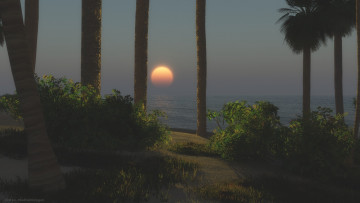 Картинка 3д+графика природа+ nature море небо закат деревья