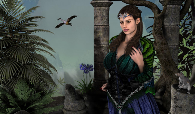 Обои картинки фото 3д графика, фантазия , fantasy, взгляд, цветы, деревья, белка, девушка, птица