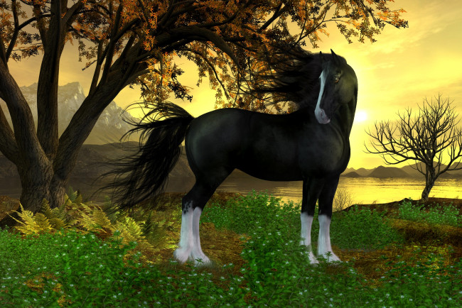 Обои картинки фото 3д графика, животные , animals, деревья, озеро, трава, лошадь