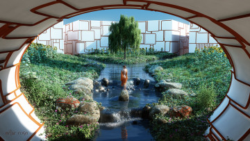 Картинка 3д+графика люди+ people фон камни деревья взгляд девушка ручей