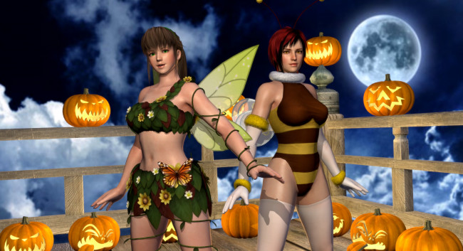 Обои картинки фото 3д графика, праздники , holidays, тыквы, фон, взгляд, девушки