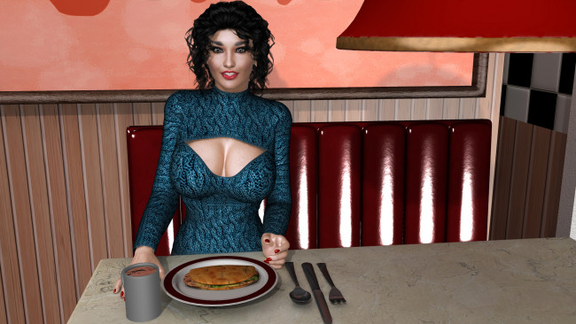 Обои картинки фото 3д графика, люди , people, фон, интерьер, завтрак, взгляд, девушка