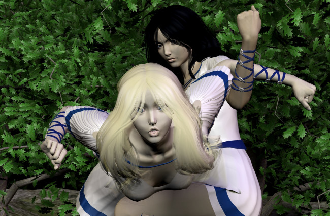 Обои картинки фото thale vs naia, 3д графика, фантазия , fantasy, борьба, фон, взгляд, девушки