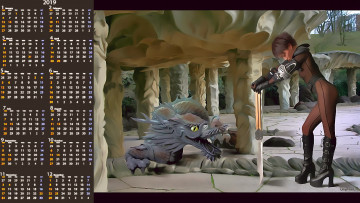 Картинка календари 3д-графика девушка оружие колонна дракон