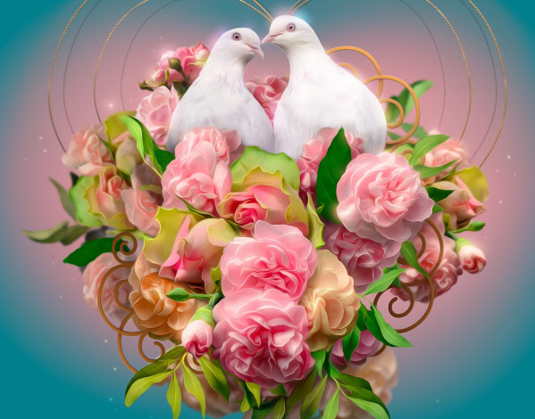 Обои картинки фото разное, компьютерный дизайн, цветы, голуби