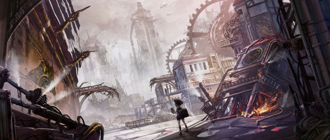 Обои картинки фото аниме, город,  улицы,  интерьер,  здания, девочка