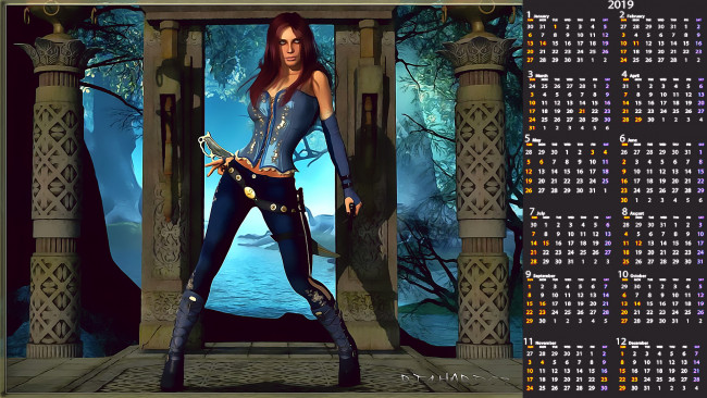 Обои картинки фото календари, 3д-графика, девушка, взгляд, колонна