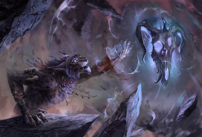 Обои картинки фото фэнтези, оборотни, волк, череп