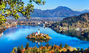 Картинка города блед+ словения панорама остров озеро горы