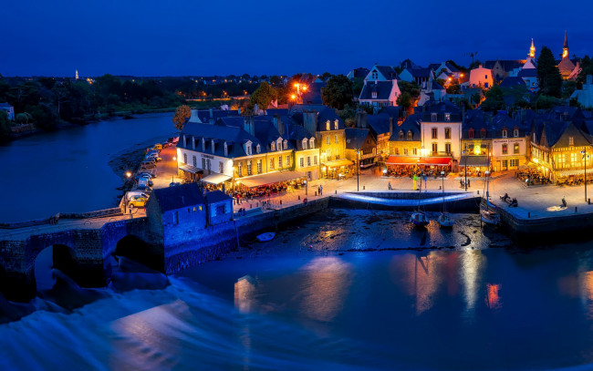 Обои картинки фото auray,  morbihan,  brittany, france, города, - огни ночного города, вечер, закат, город, коммуна, река, франция, британия, морбиан