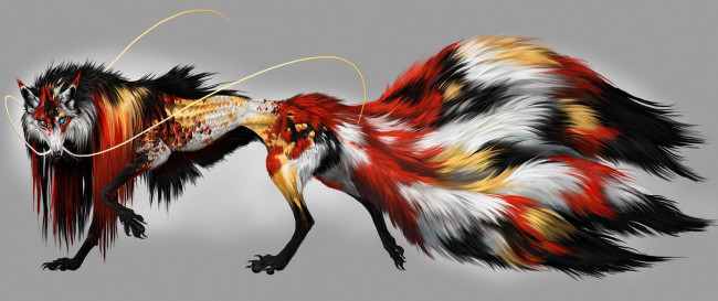 Обои картинки фото кицунэ, фэнтези, существа, существо, лисица, девятихвостая, мифическое, сказка, вымысел, животное, хищница, мех, хвост