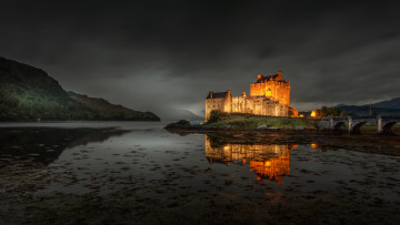 Картинка замок+эйлен-донан города -+дворцы +замки +крепости замок крепость подсветка остров залив берег
