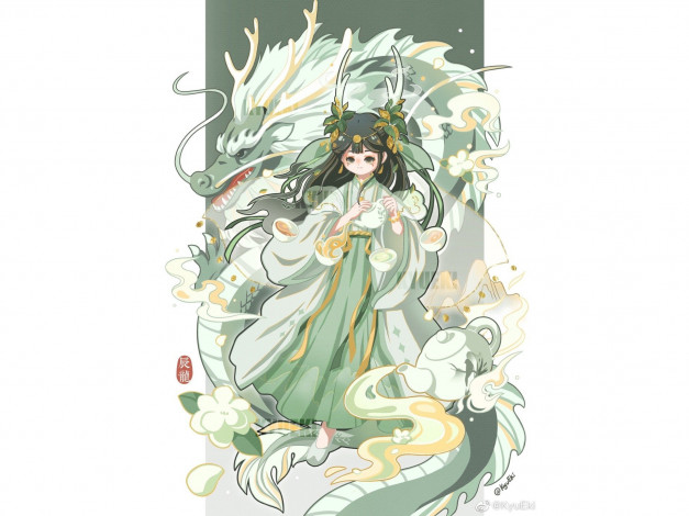 Обои картинки фото аниме, животные,  существа, девочка, дракон, чайник