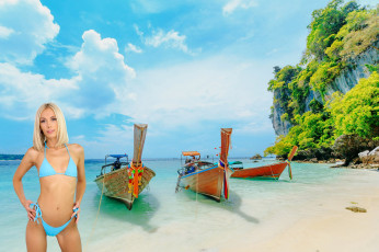 Картинка девушки sky+pierce море блондинка лодки бикини