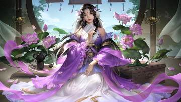 обоя видео игры, three kingdoms, девушка, лотосы, короб