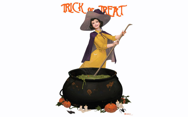 Обои картинки фото рисованное, праздники, ведьма, котел, хэллоуин