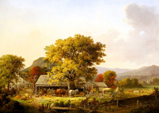обоя autumn in new england,  cider making,  george henry durrie, рисованное, george henry durrie, осень, деревья, деревня, волы, лошадь, поля
