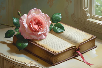 обоя рисованное, цветы, книга, розовая, роза
