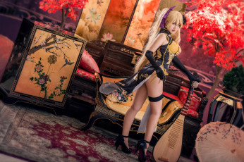 Картинка девушки -+креатив +косплей образ костюм наряд косплей музыкальный инструмент тумбочка диваны подушки зонт дерево