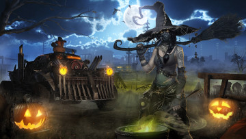 обоя видео игры, crossout, техника, завод, ночь, тыквы, ведьма, котел, метла, противогаз