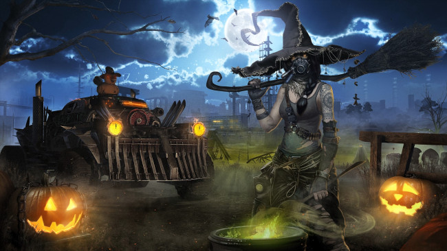 Обои картинки фото видео игры, crossout, техника, завод, ночь, тыквы, ведьма, котел, метла, противогаз