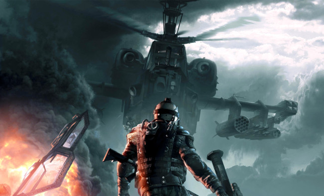 Обои картинки фото видео игры, warface, солдат, броня, оружие, вертолет, тучи, дым