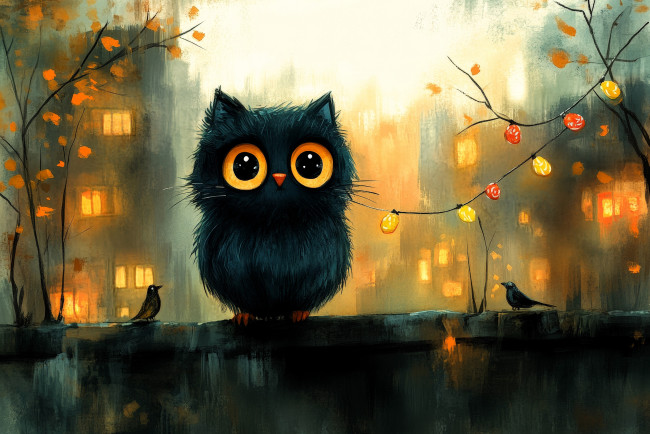 Обои картинки фото фэнтези, существа, существо, птицы, забор, дома, двор, деревья, осень, гирлянда