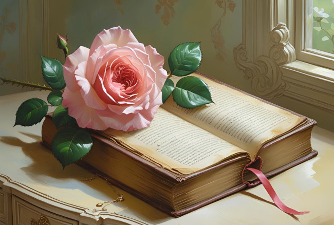 Обои картинки фото рисованное, цветы, книга, розовая, роза