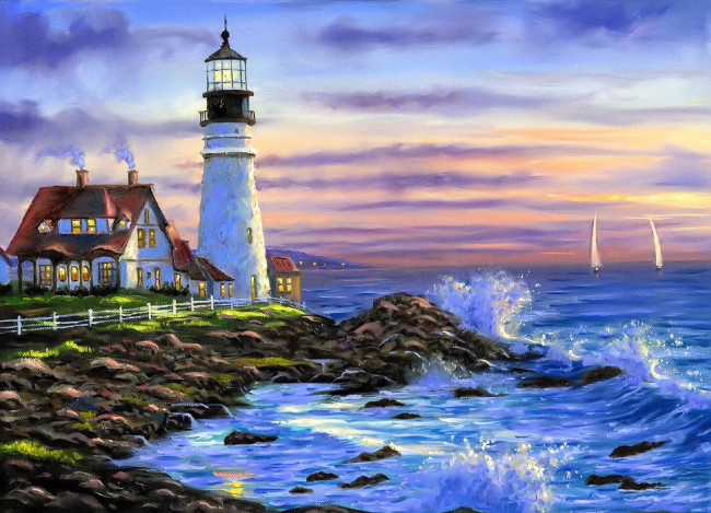 Обои картинки фото рисованное, robert finale, маяк, дома, берег, забор, море