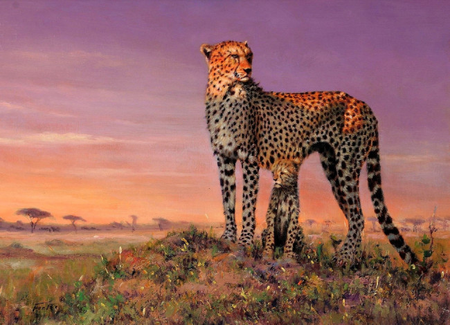 Обои картинки фото рисованное, eric forlee, гепард, котенок, звери, саванна