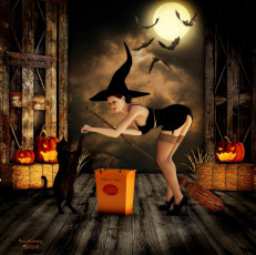 Картинка 3д графика religion религия магия тыква кот девушка птицы луна