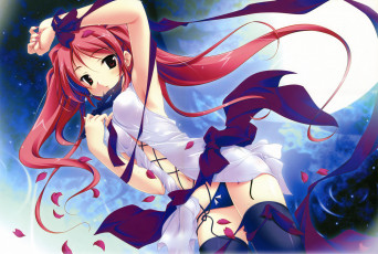 Картинка аниме *unknown другое девушка наряд маска бантики луна небо лепестки взгляд