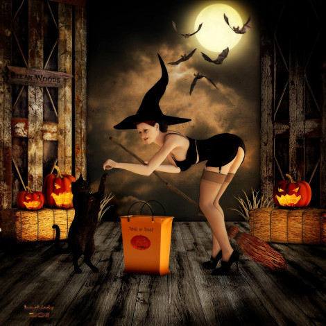 Обои картинки фото 3д, графика, religion, религия, магия, тыква, кот, девушка, птицы, луна