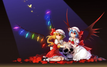 Картинка аниме touhou remilia scarlet flandre крылья череп розы цветы кристаллы бабочки манжеты