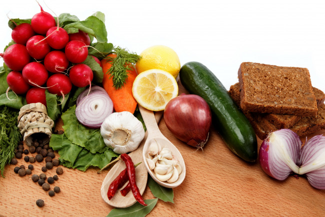 Обои картинки фото еда, разное, лук, редиска, перец, чеснок