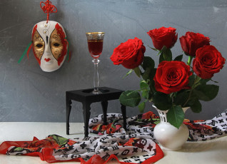 Картинка цветы розы маска бокал букет