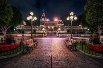 Картинка города диснейленд hdr disneyland anaheim california анахайм калифорния фонари скамейки