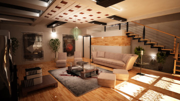 Картинка 3д+графика realism+ реализм мебель диван светильник комната