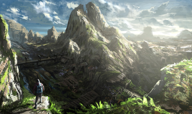 Обои картинки фото anas riasat, фэнтези, пейзажи, путник, тропа, скалы, горы