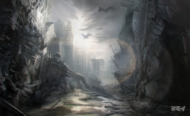 Обои картинки фото anas riasat, фэнтези, иные миры,  иные времена, разрушения, мир, постапокалипсис, иной, руины, существа