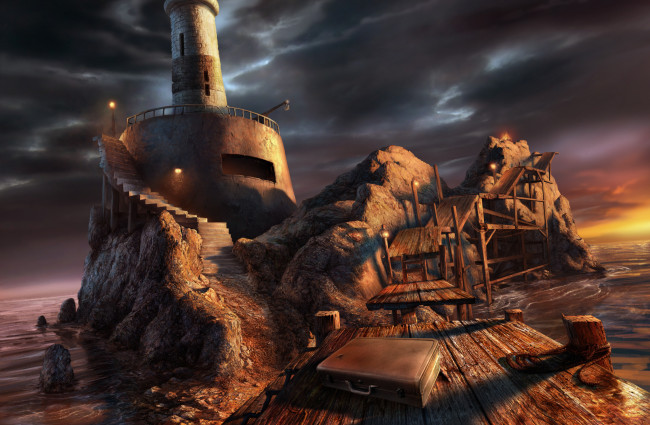 Обои картинки фото anas riasat, фэнтези, иные миры,  иные времена, пристань, маяк, чемодан, море